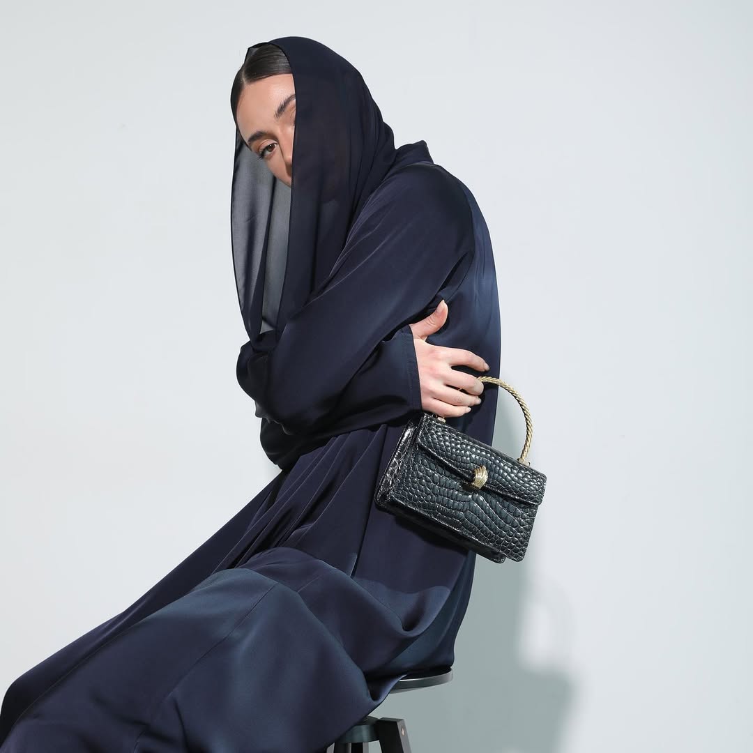 Satin Dark Blue Crochet Abaya