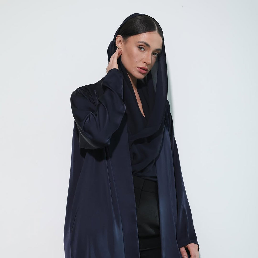 Satin Dark Blue Crochet Abaya