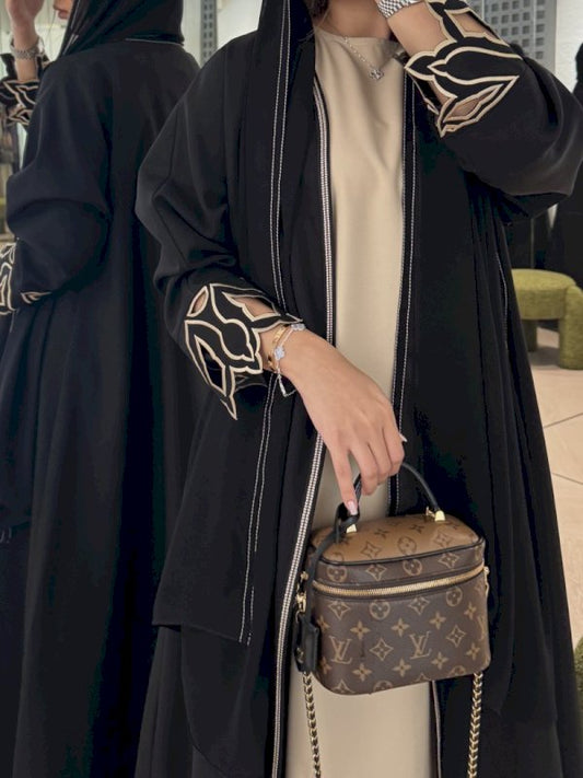 Black with Brown Embroidery Abaya with matching Inner