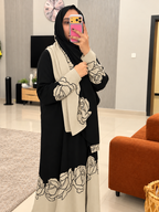 Beige Linen Abaya with Black Floral Detailing