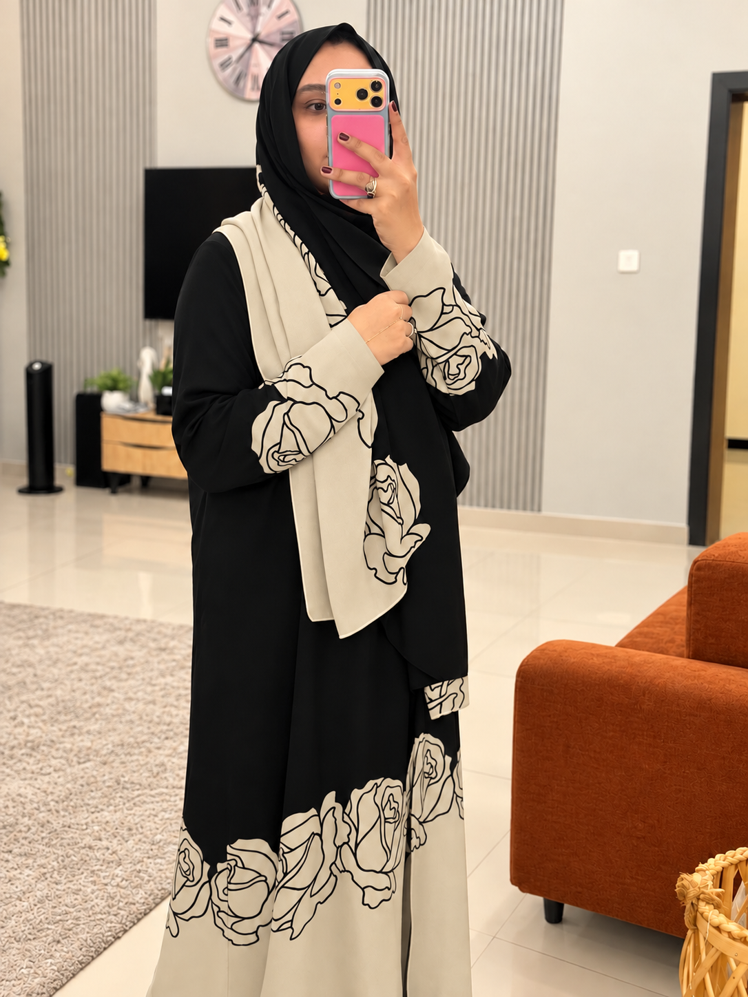 Beige Linen Abaya with Black Floral Detailing