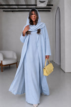 Soft Linen Summer Abaya Set with Matching Inner & Shaila, Light Blue