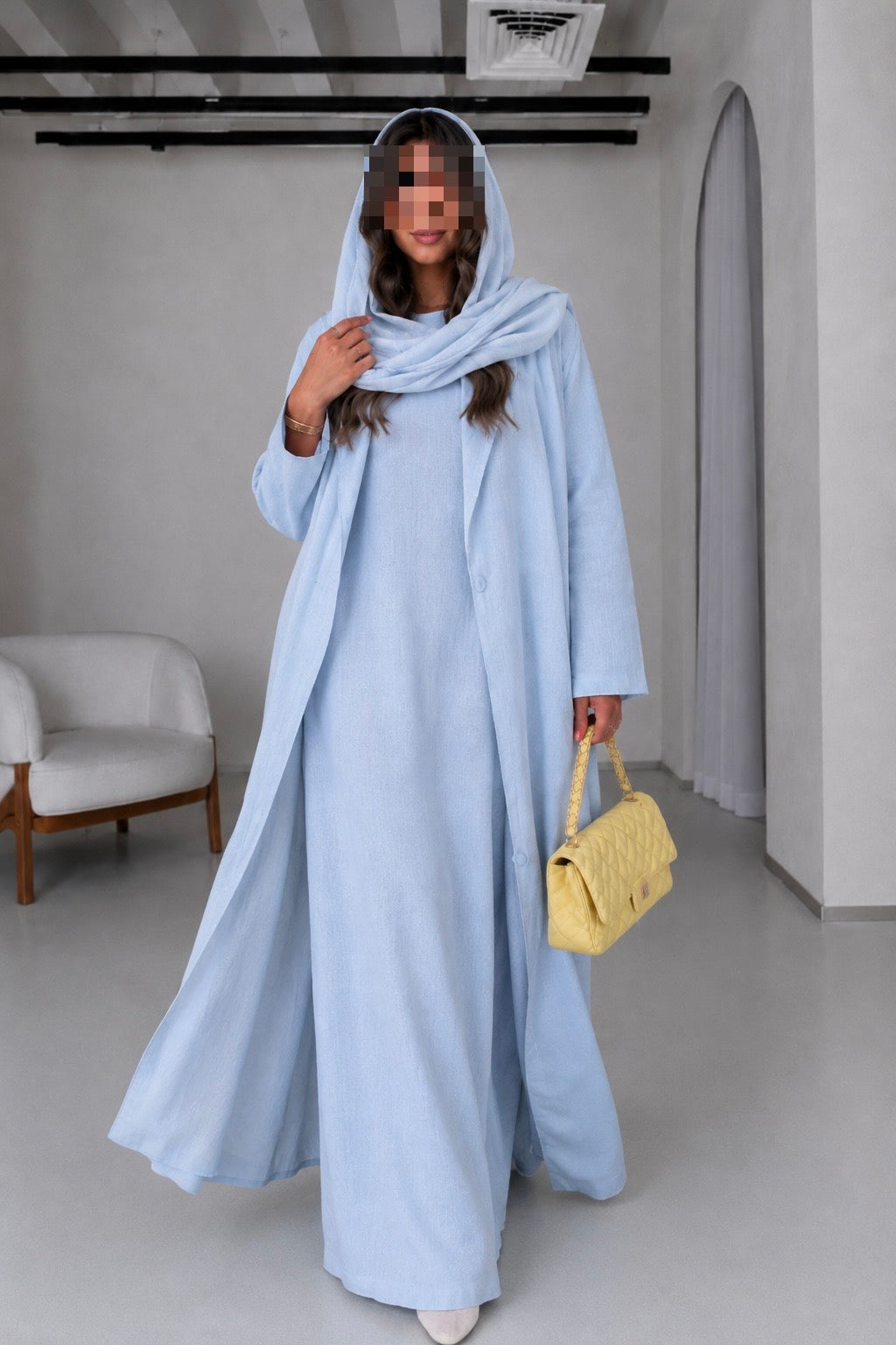 Soft Linen Summer Abaya Set with Matching Inner & Shaila, Light Blue