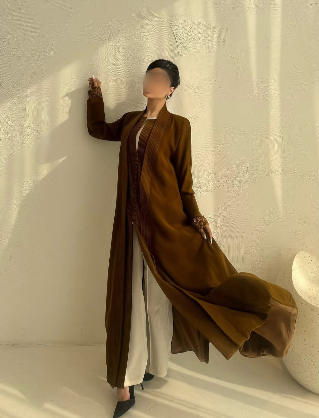 Elegant Pleated Front Open Abaya in Warm Cocoa Brown