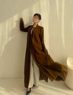 Elegant Pleated Front Open Abaya in Warm Cocoa Brown