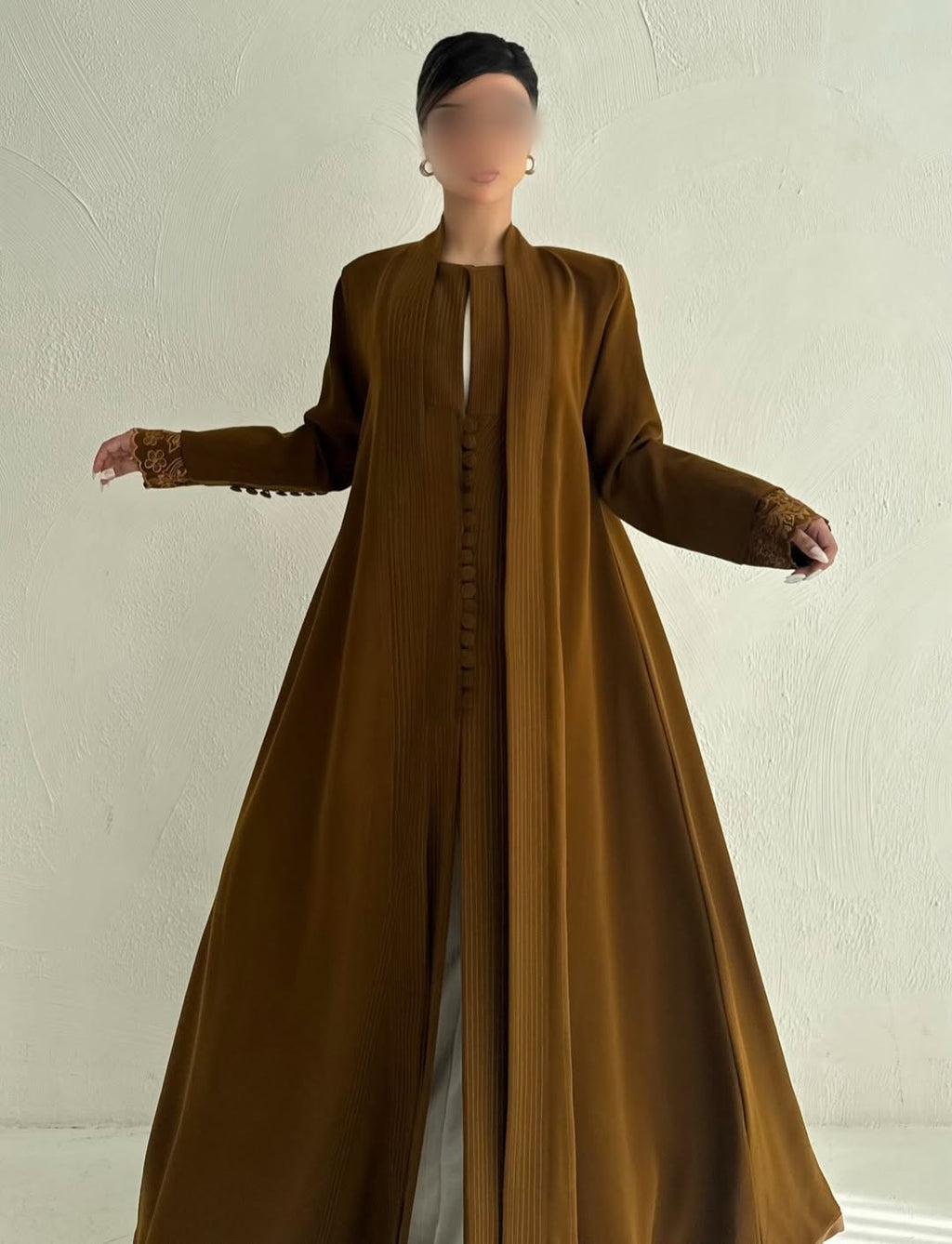 Elegant Pleated Front Open Abaya in Warm Cocoa Brown