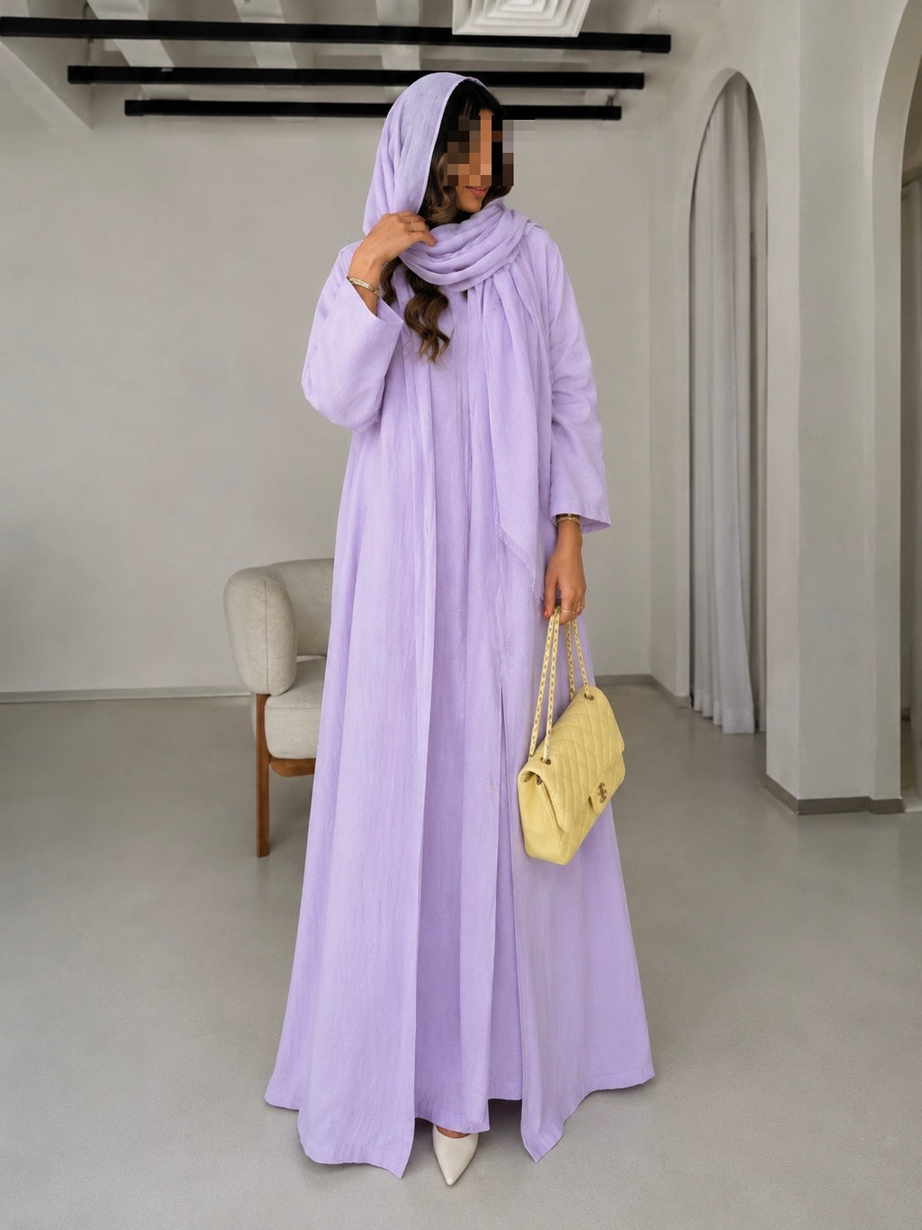 Soft Linen Summer Abaya Set with Matching Inner & Shaila, Lilac