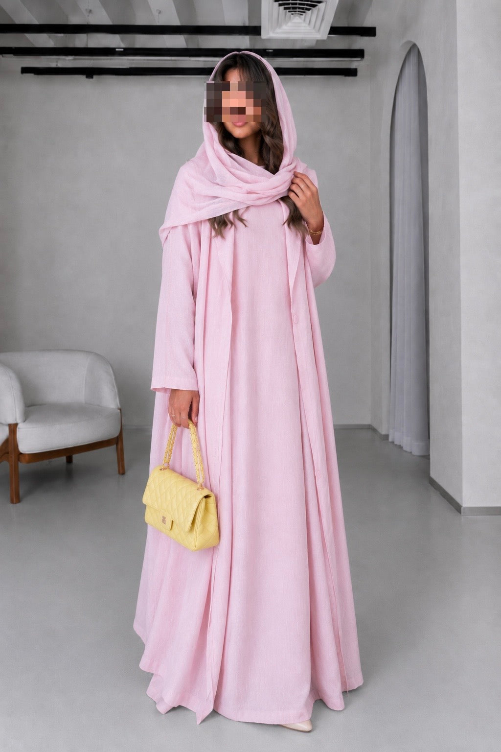 Soft Linen Summer Abaya Set with Matching Inner & Shaila, Baby Pink