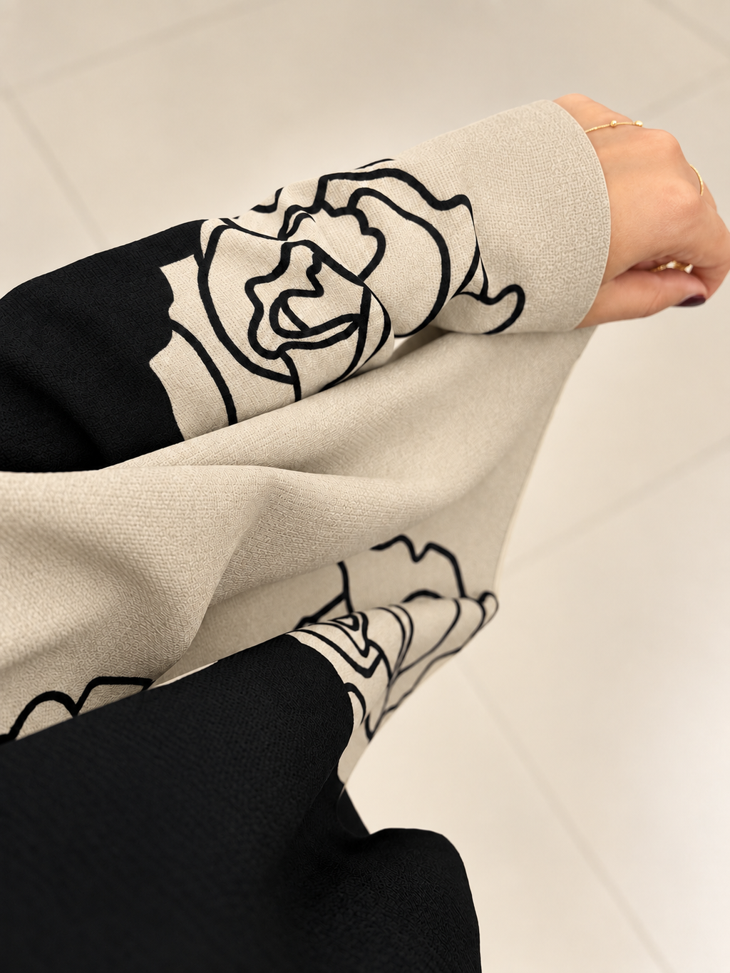 Beige Linen Abaya with Black Floral Detailing