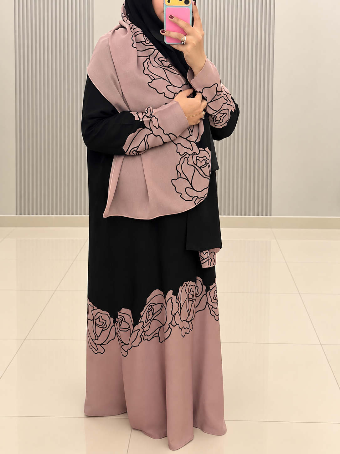 Blush Rose Linen Abaya with Black Floral Detailing
