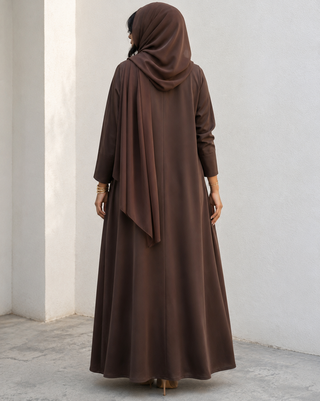 Classic Chocolate Brown Abaya with Matching Chiffon Hijab