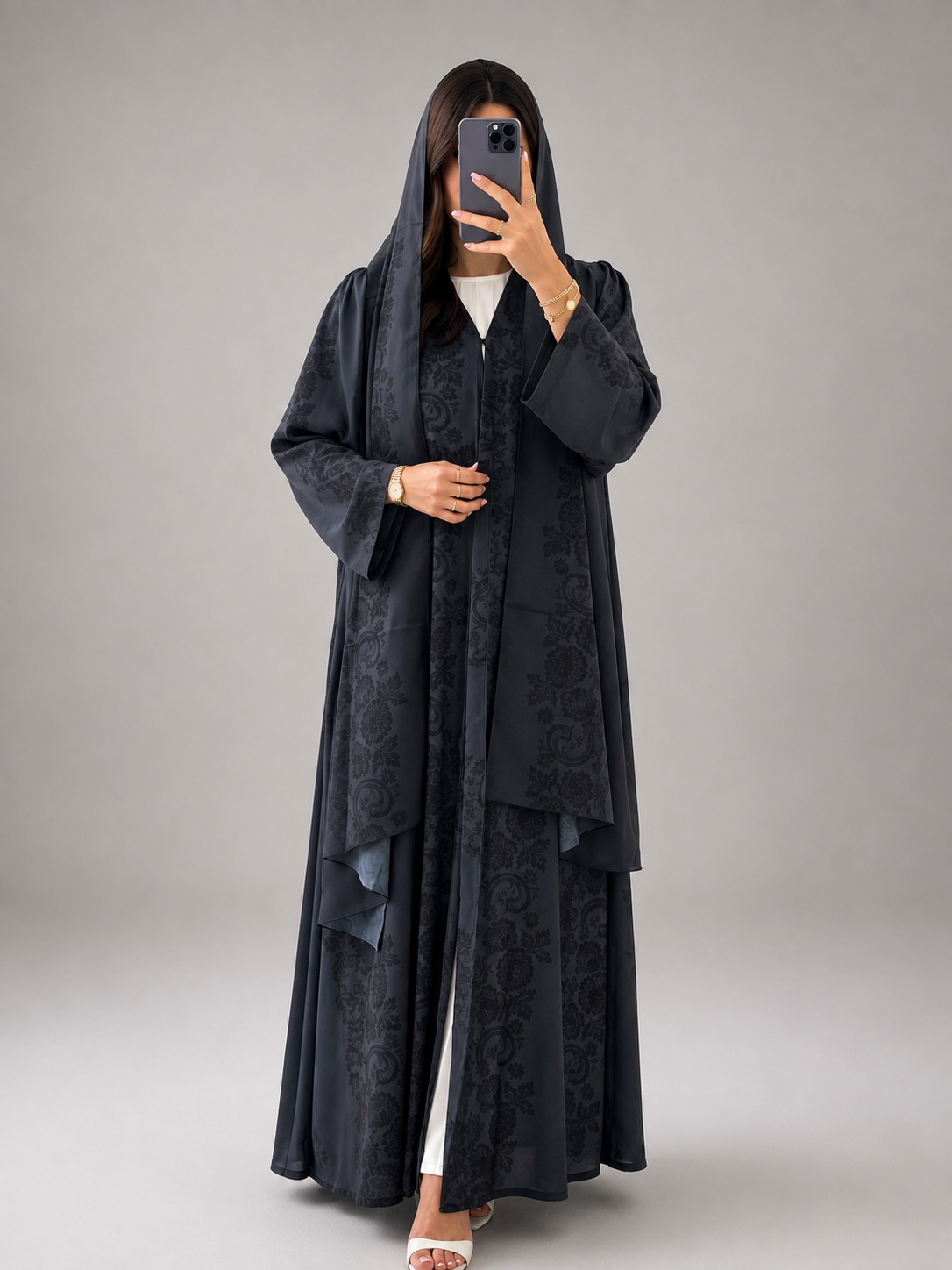 Charcoal Grey Printed Abaya