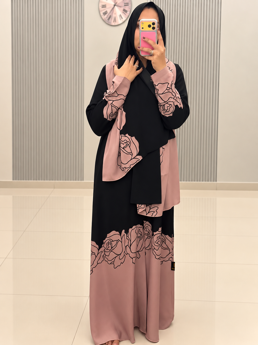 Blush Rose Linen Abaya with Black Floral Detailing