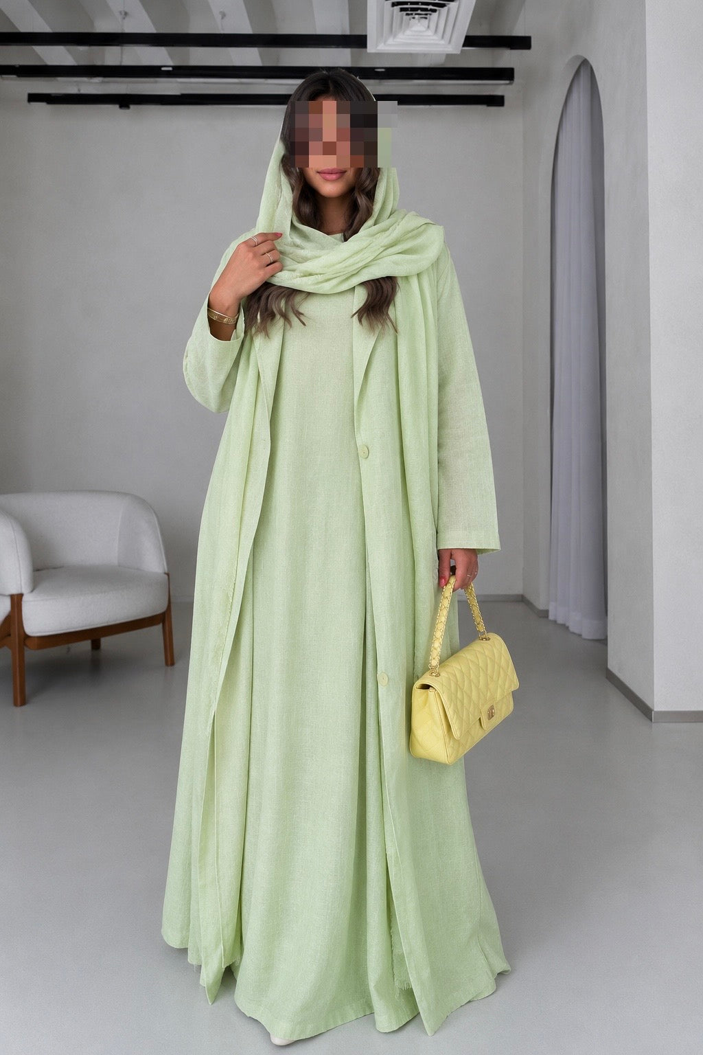 Soft Linen Summer Abaya Set with Matching Inner & Shaila, Green