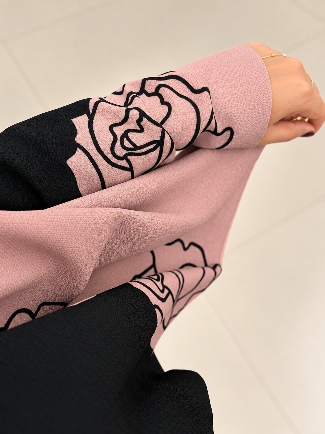 Blush Rose Linen Abaya with Black Floral Detailing