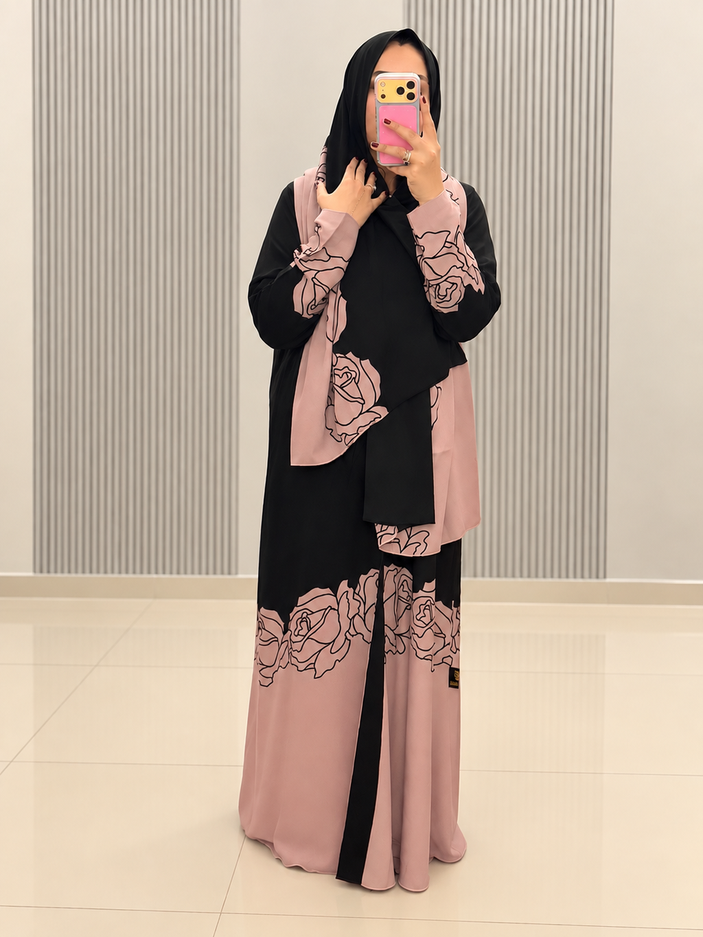 Blush Rose Linen Abaya with Black Floral Detailing