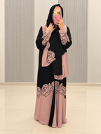 Blush Rose Linen Abaya with Black Floral Detailing