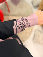 Blush Rose Linen Abaya with Black Floral Detailing
