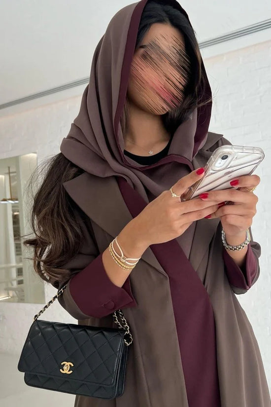Chocolate Brown Abaya with Burgundy Details
