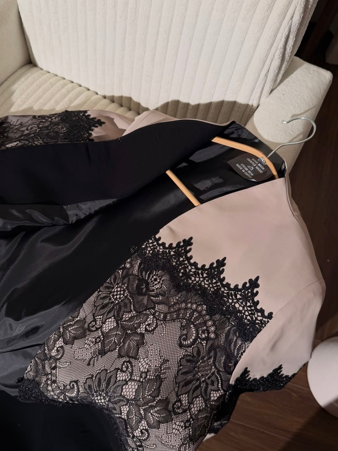 Elegant Black Lace Abaya with Beige Contrast Panels