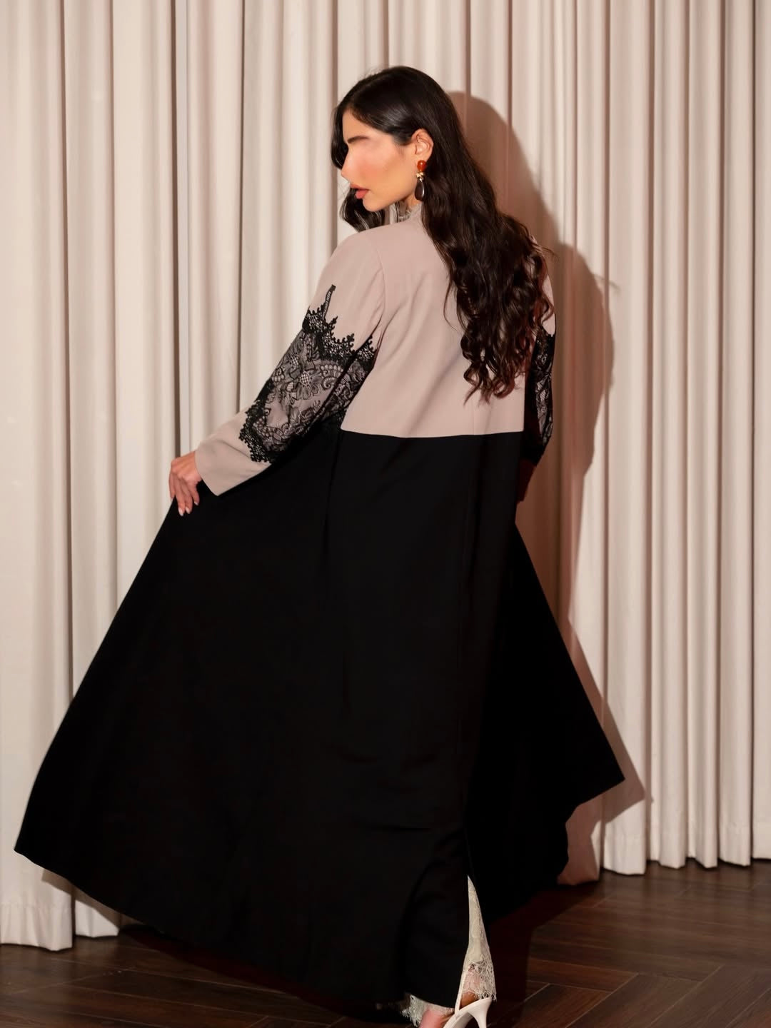 Elegant Black Lace Abaya with Beige Contrast Panels