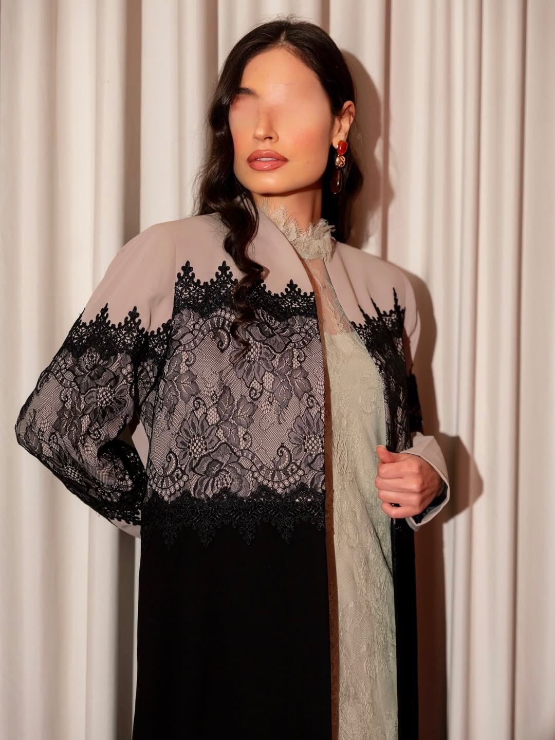 Elegant Black Lace Abaya with Beige Contrast Panels