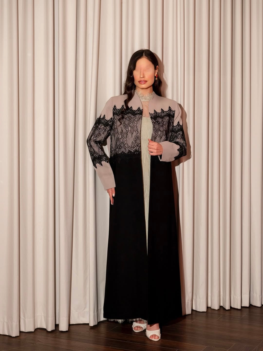 Elegant Black Lace Abaya with Beige Contrast Panels