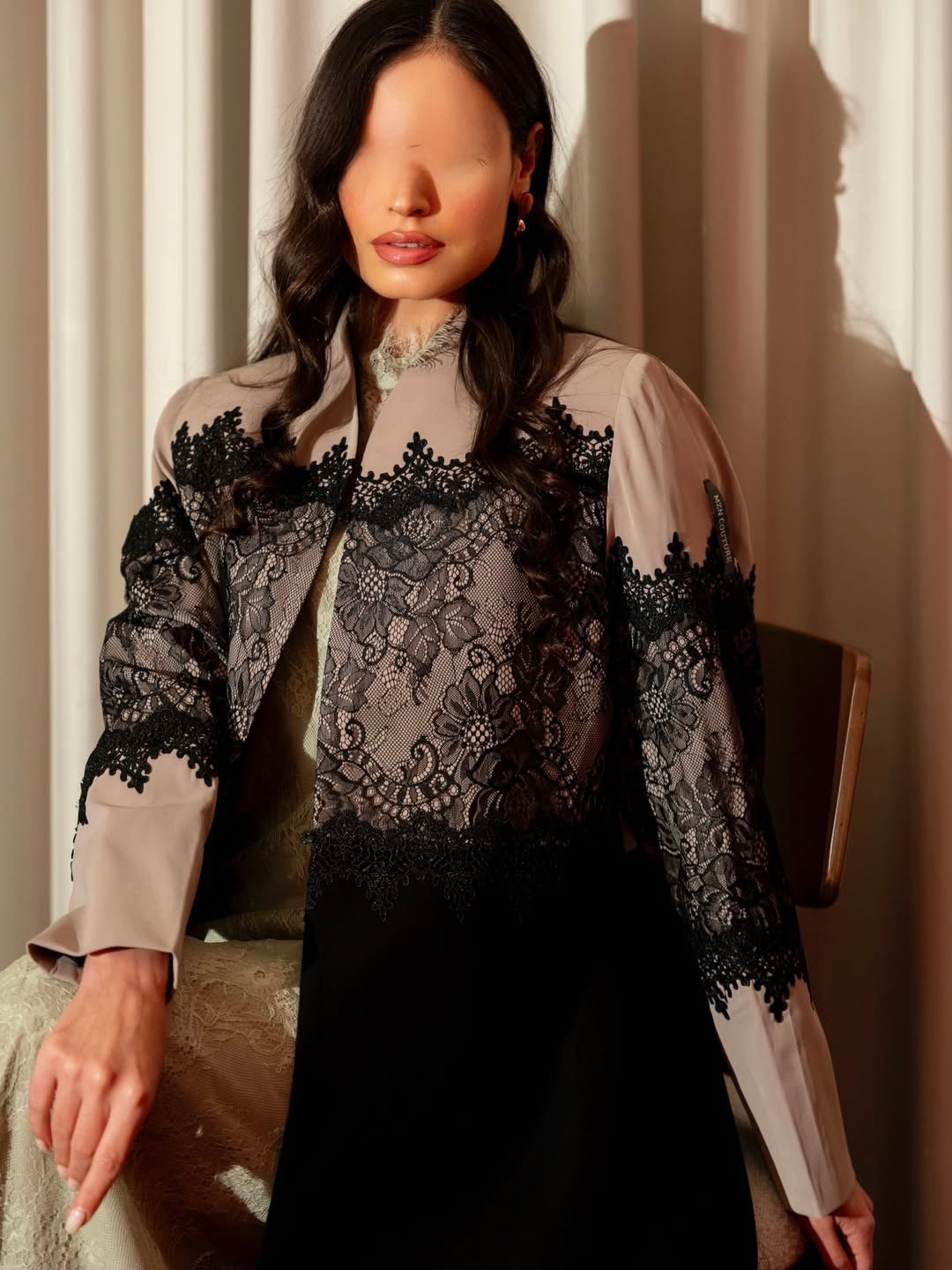 Elegant Black Lace Abaya with Beige Contrast Panels