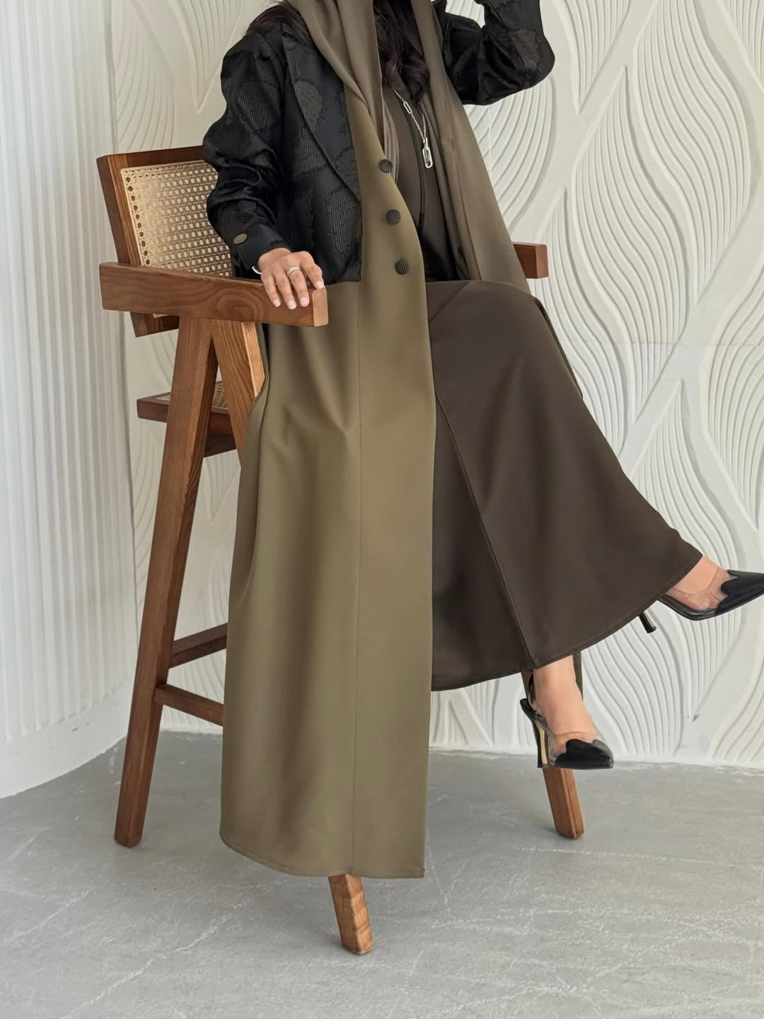 Elegant Two-Tone Open Abaya with Textured Overlay