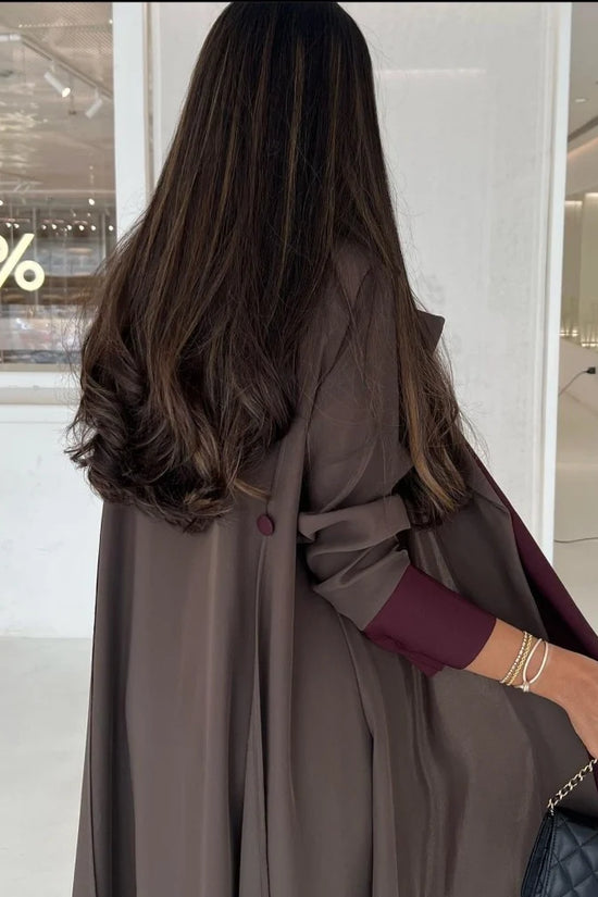 Chocolate Brown Abaya with Burgundy Details