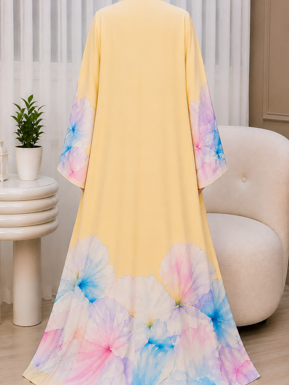 Pastel Bloom Abaya – Soft Yellow Floral Print