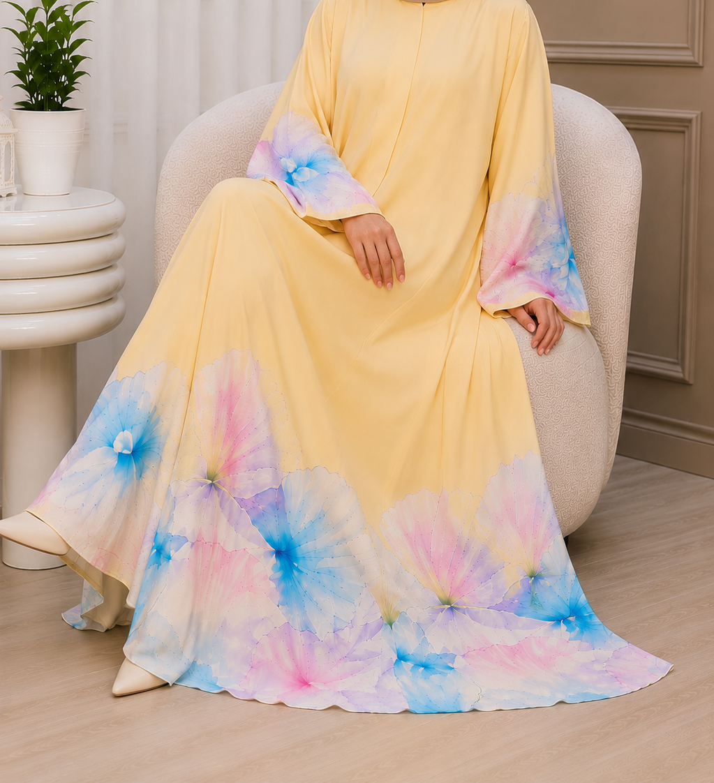 Pastel Bloom Abaya – Soft Yellow Floral Print