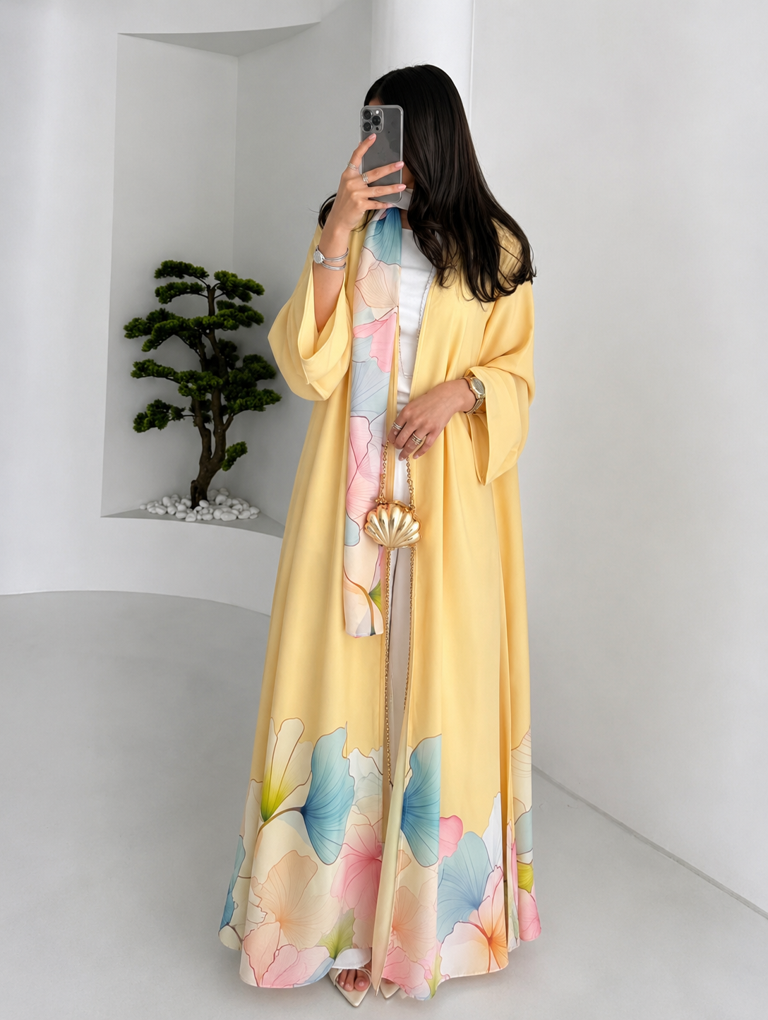 Pastel Bloom Abaya – Soft Yellow Floral Print