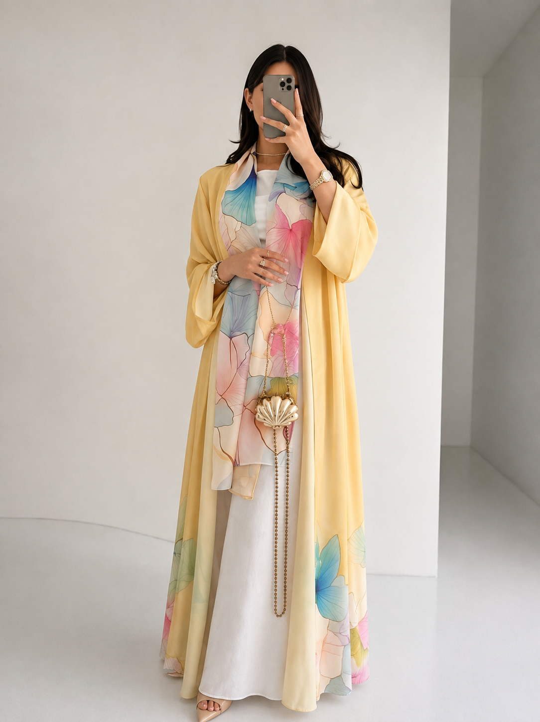 Pastel Bloom Abaya – Soft Yellow Floral Print