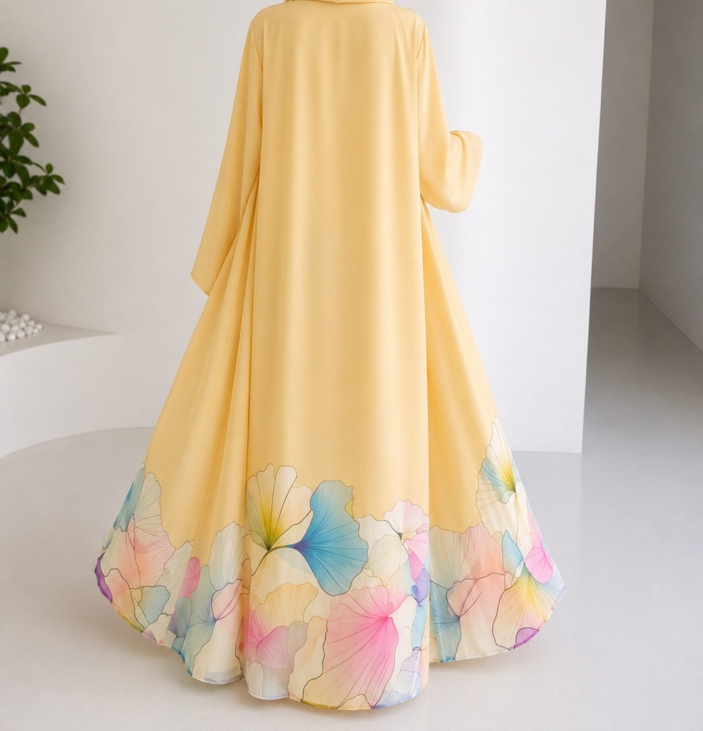 Pastel Bloom Abaya – Soft Yellow Floral Print