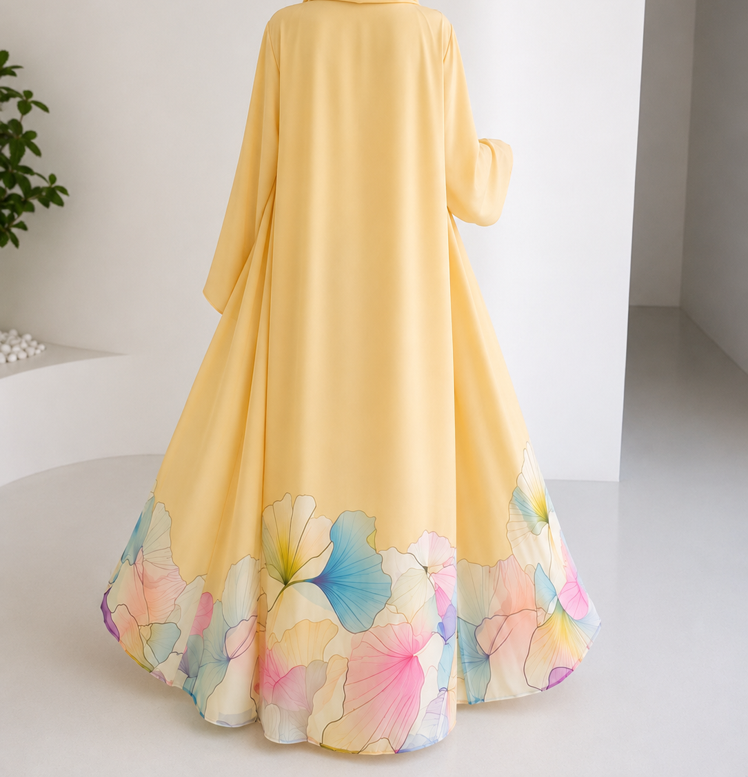 Pastel Bloom Abaya – Soft Yellow Floral Print