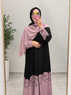 Blush Rose Linen Abaya with Black Floral Detailing