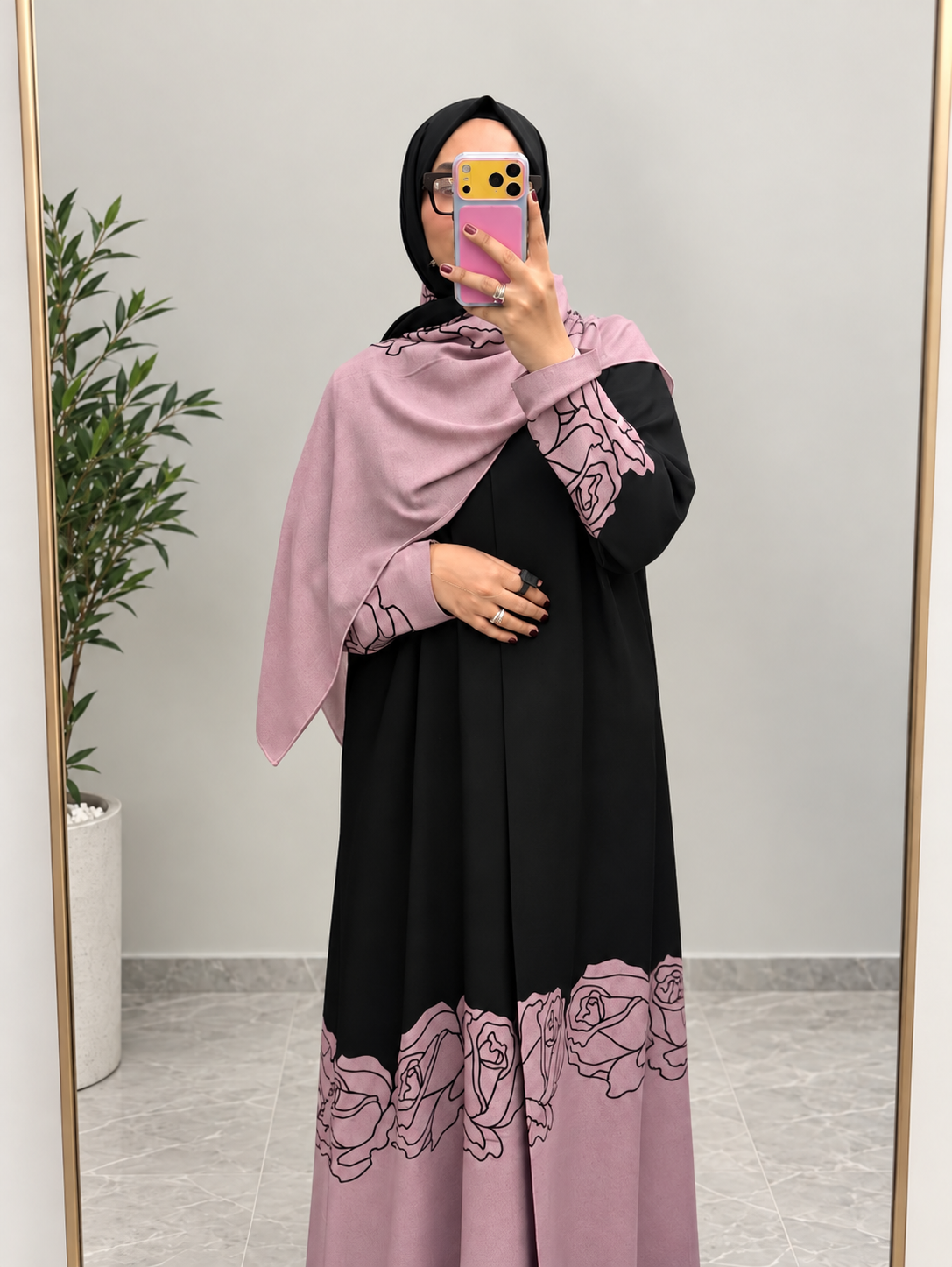 Blush Rose Linen Abaya with Black Floral Detailing