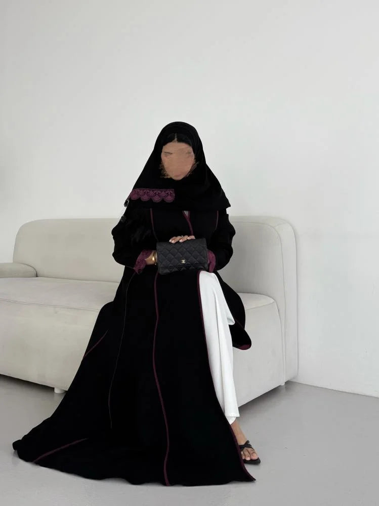 Black Abaya with Purple Lace details