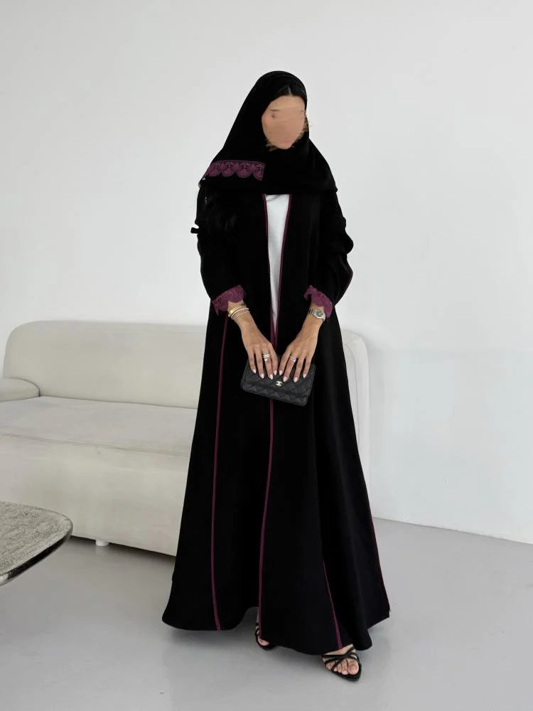Black Abaya with Purple Lace details