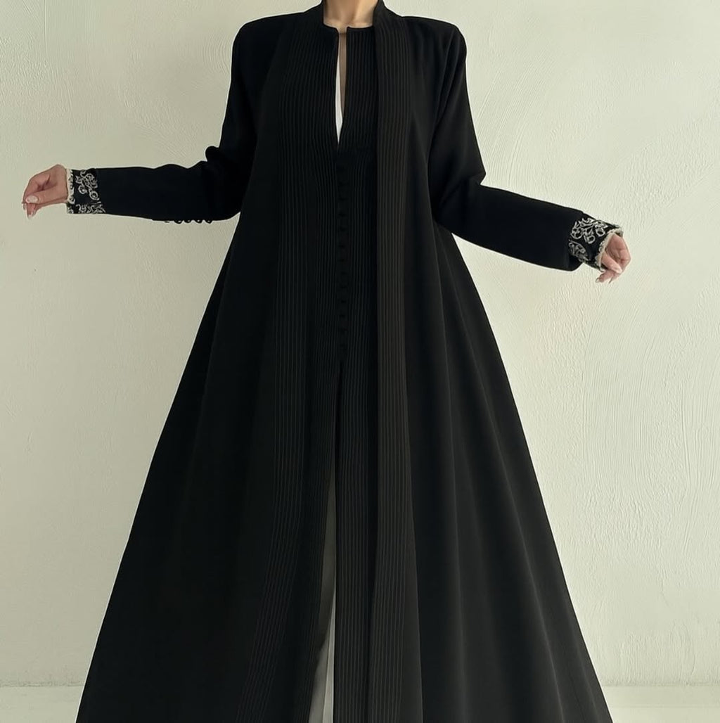 Elegant Pleated Front Open Abaya in black