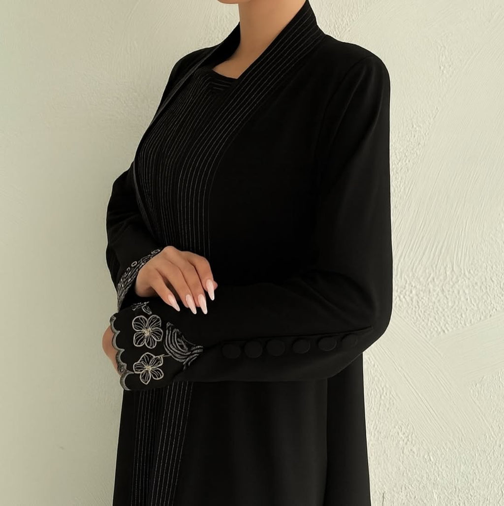 Elegant Pleated Front Open Abaya in black