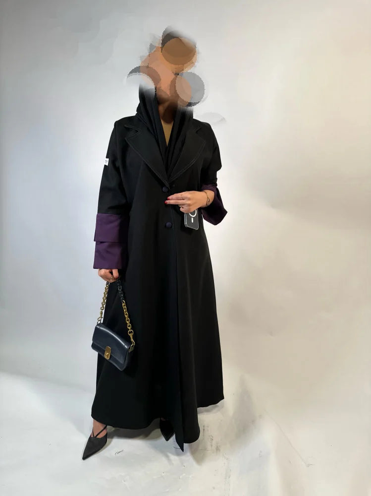 Black Cloche cut Abaya with purple sleeves details