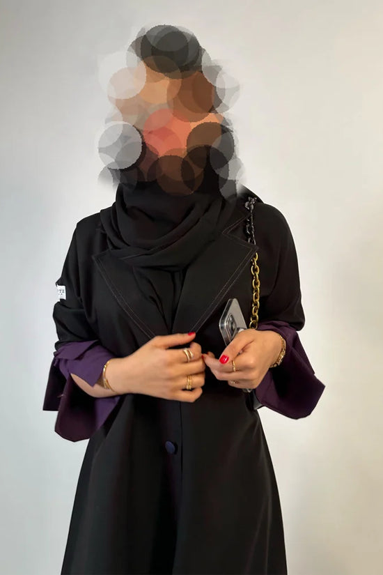 Black Cloche cut Abaya with purple sleeves details