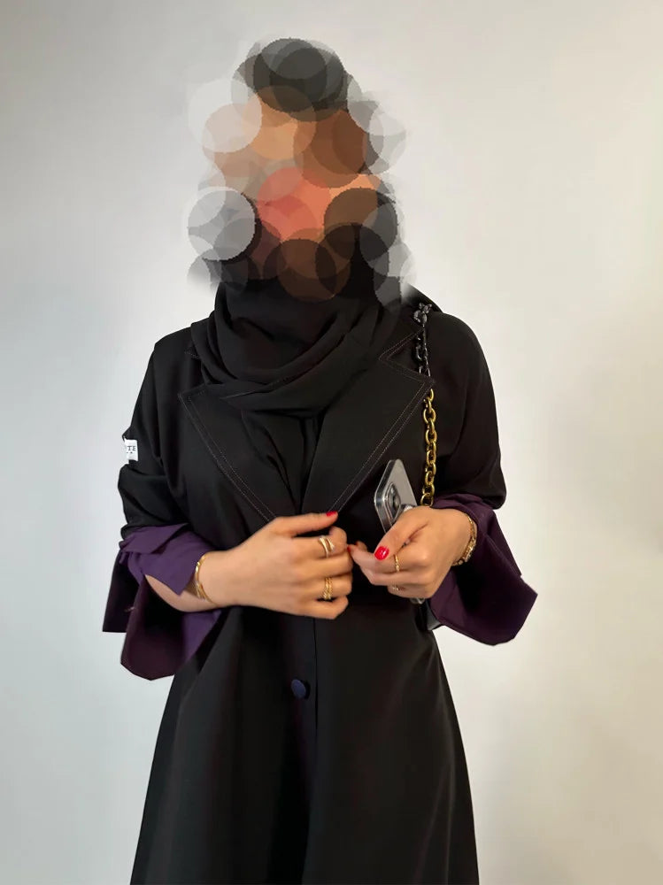 Black Cloche cut Abaya with purple sleeves details