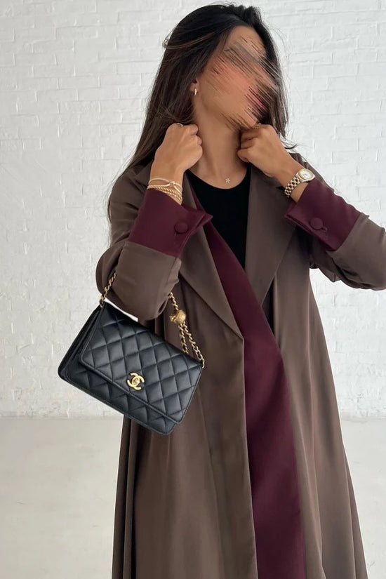 Chocolate Brown Abaya with Burgundy Details
