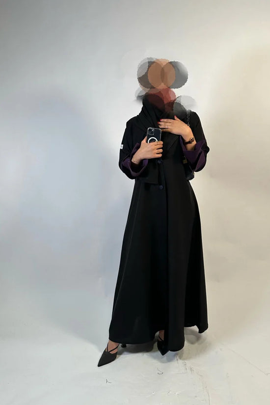 Black Cloche cut Abaya with purple sleeves details