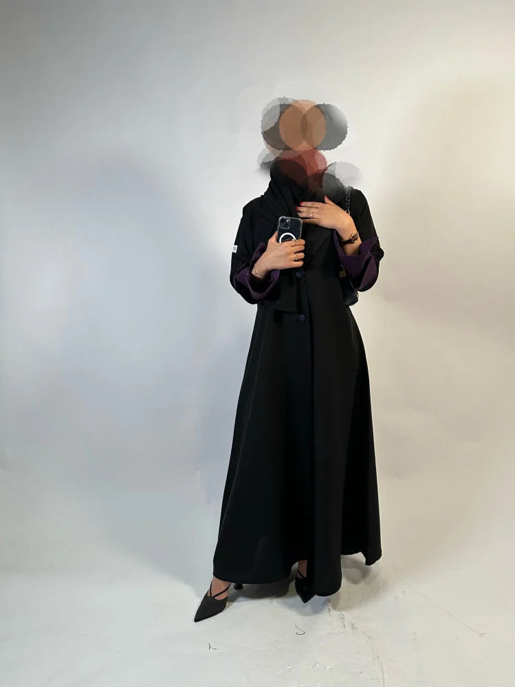 Black Cloche cut Abaya with purple sleeves details
