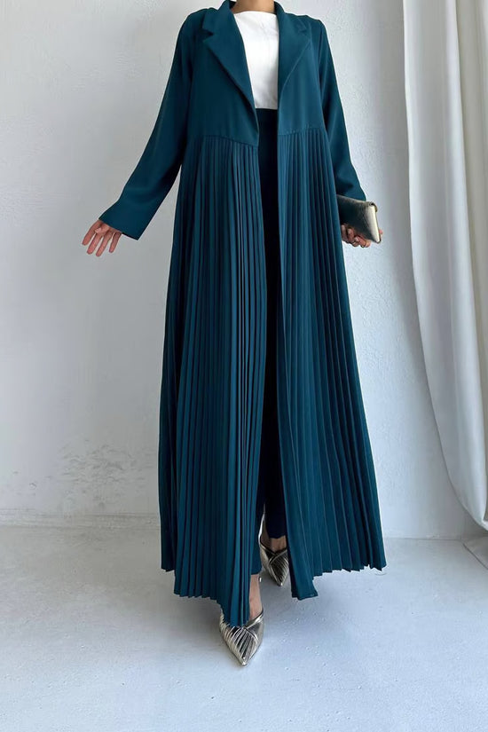 Elegant Pleated Long Coat Abaya Set - Teal