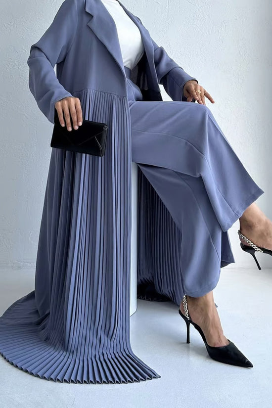 Elegant Pleated Long Coat Abaya Set - Light Blue